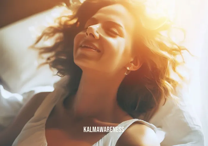 sleep meditation for women _ Image: A refreshed and rejuvenated woman, waking up with a contented smile, ready to embrace the new day with a sense of inner peace.Image description: Morning sunlight illuminates her face as she awakens, revitalized and ready to face the world, thanks to the restorative magic of sleep meditation.