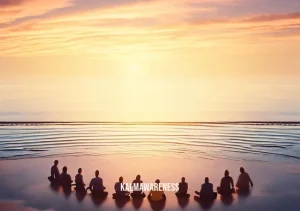 slowing our minds around our bodies _ Image 5: Image description: A tranquil beach at sunset, a circle of people engaged in mindful group meditation, fully grounded in the present moment, surrounded by the beauty of the natural world.