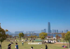 smookler _ Image: Families enjoying a clear, blue-sky day in the revitalized city. Image description: Children play in a park while adults relax under a pristine sky, celebrating the successful efforts to combat smog.