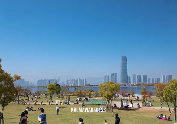 smookler _ Image: Families enjoying a clear, blue-sky day in the revitalized city. Image description: Children play in a park while adults relax under a pristine sky, celebrating the successful efforts to combat smog.