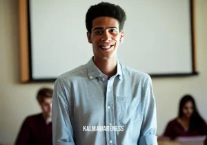 stanford mindfulness class _ Image: A smiling student confidently stands in front of the class, giving a presentation with poise and self-assuredness.Image description: The Stanford mindfulness class has empowered students to overcome their initial challenges, as one confidently presents in front of their peers.