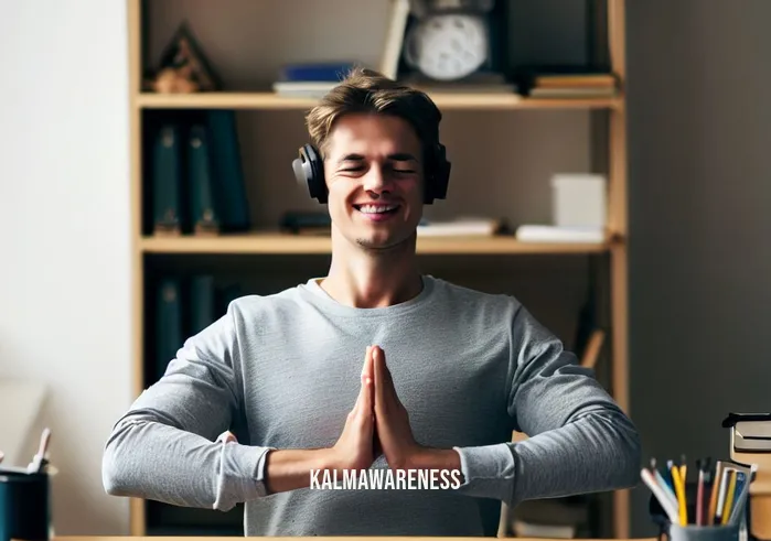 the way of mindfulness _ Image: The person is back at their desk, now organized and focused, with a smile on their face, completing tasks with mindfulness. Image description: The person at the tidy desk, smiling and working with a sense of mindfulness and focus.