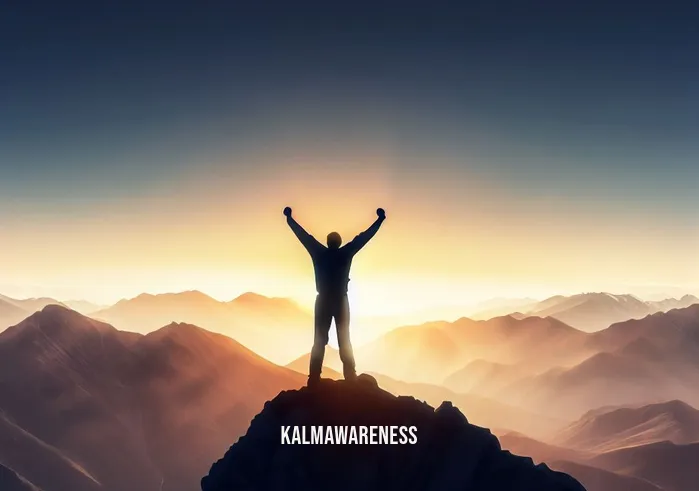 train the mind to respond, not react _ Image: A mountain peak at sunrise, a person at the summit, arms outstretched in a victorious pose. Image description: The individual now standing triumphant, having trained their mind to respond, not react, to life's challenges.