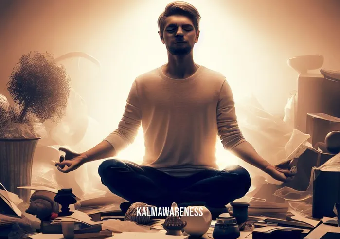 wise mind body meditation _ Image: A person in a balanced, mindful state, surrounded by a clutter-free, serene environment. Image description: The person is now in a balanced, mindful state, surrounded by a clutter-free, serene environment, showcasing the transformation from chaos to inner peace.