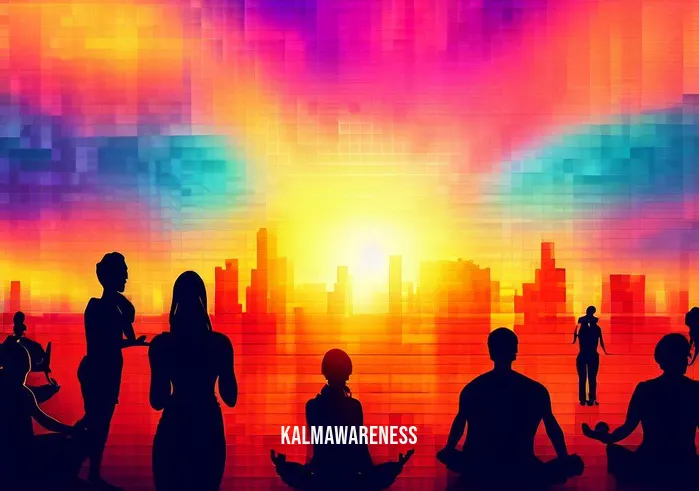 pixelthoughts _ Image A vibrant sunset over the city skyline, with silhouettes of people practicing yoga together, displaying a sense of calm and contentment.Image description Under the hues of a mesmerizing sunset, people gather for a yoga session, embodying a newfound sense of calm and contentment, marking the resolution of their pixelated thoughts.