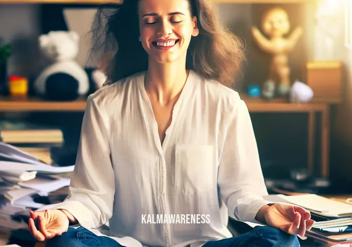 meditation for disorders _ Image: A smiling person, now relaxed, practicing mindfulness amidst the chaos, with an organized desk in the background.Image description: A contented person, formerly stressed, now practicing mindfulness amidst a calm and organized workspace, symbolizing the resolution of disorder through meditation.