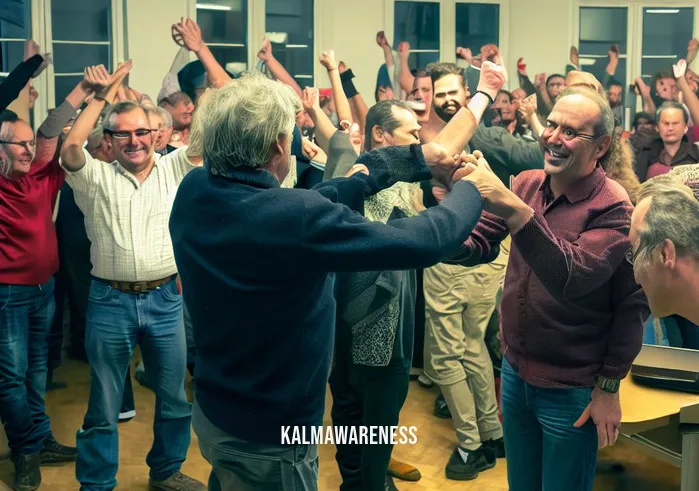 rolf keltner _ Image: Rolf Keltner congratulating the researchers, a celebratory atmosphere in the room. Image description: Rolf Keltner beaming with pride, shaking hands with the victorious researchers in a room filled with jubilation.