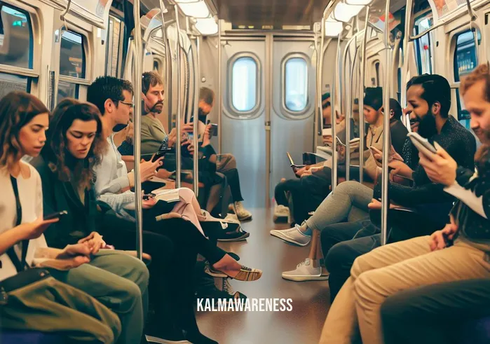 be mindful of others _ Image: The subway car now has a harmonious vibe, with passengers sharing stories and smiles, fostering a sense of community.Image description: A transformed subway car filled with passengers chatting, sharing stories, and fostering a sense of community and connection.
