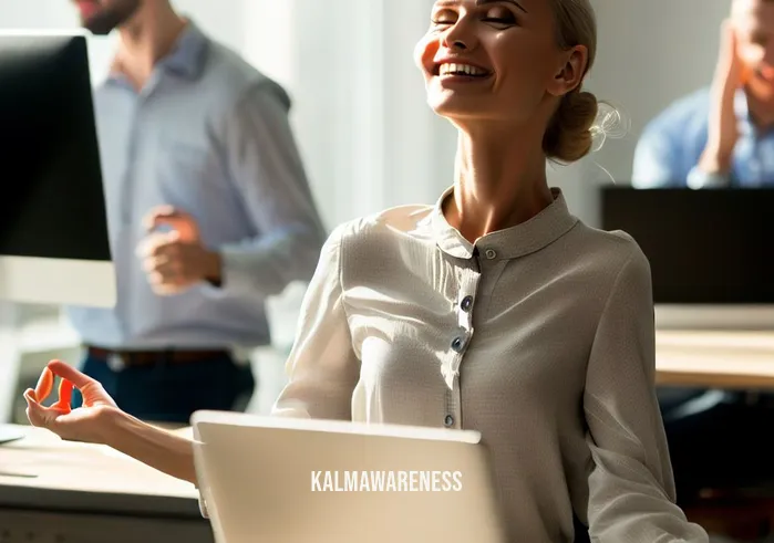 mindfulness in motion _ Image: A content individual, now back at their desk, working efficiently with a smile, as their colleagues admire their newfound peace and focus.Image description: A content individual, now back at their desk, working efficiently with a smile, as their colleagues admire their newfound peace and focus.