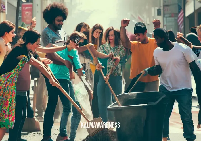 embodied awareness _ Image: A vibrant community working together to clean up the city streets, creating a harmonious and mindful urban environment. Image description: A united effort to enhance the city, a result of collective awareness and proactive change.