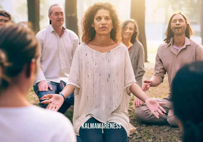 embodied mindfulness _ Image: The person leading a meditation session in the park, with a diverse group joining in. Image description: They are now guiding others towards mindfulness, creating a harmonious, mindful community in the midst of the bustling city.