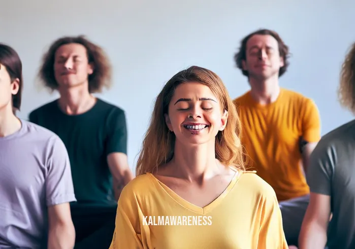 guided stretching meditation _ Image: A group of smiling individuals in a circle, eyes closed, exuding calmness.Image description: In a harmonious circle, eyes closed and smiles on their faces, individuals have found peace and resolution through guided stretching meditation.
