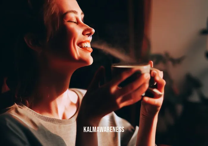 mindful action plan _ Image: The person enjoying a moment of calm, sipping tea, with a smile on their face.Image description: A blissful moment of self-care as the individual savors tea, radiating contentment.