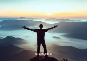 restful meditation _ Image: A breathtaking mountain peak during sunrise, with a panoramic view of mist-covered valleys below. The person stands tall, arms outstretched, embracing the vastness.Image description: Atop the mountain, the person stands, looking out at the sunrise. Their face radiates serenity and gratitude, embodying the journey from chaos to peace, from tension to complete surrender to the present moment.