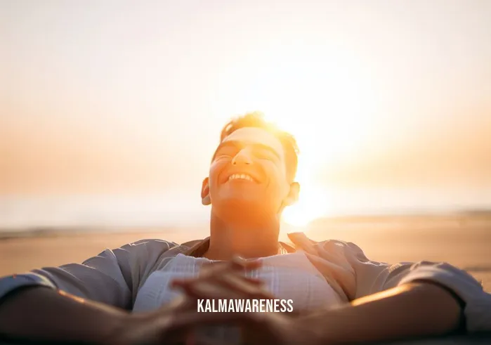 guided meditation lying down _ Image: A smiling person on the beach, practicing mindfulness meditation, lying down with the sun setting in the background. Image description: A smiling person lies on the beach, fully immersed in mindfulness meditation, their stress transformed into tranquility as the sun sets in the background.