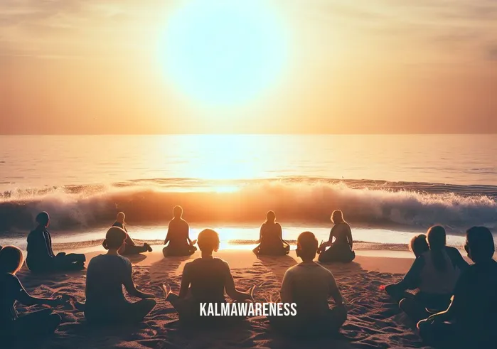 guided meditation ocean waves _ Image: A group of people sitting in a circle on the beach, all deeply engrossed in meditation, as the sun sets and the ocean waves continue to provide a sense of calm and tranquility.Image description: A circle of people sitting on the beach, all fully absorbed in meditation, surrounded by the setting sun and the peaceful sounds of ocean waves, radiating a sense of calm and tranquility.
