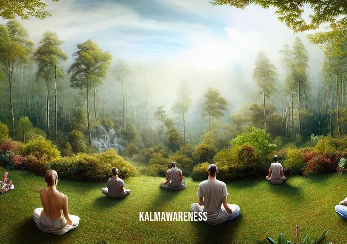 resting meditation _ Image: A panoramic view of a lush natural landscape where people meditate comfortably. Their postures are relaxed, faces serene, and the environment mirrors the inner stillness achieved.Image description: Surrounded by nature's beauty, individuals find solace in meditation. Their relaxed postures, serene expressions, and the harmonious environment signal the successful journey from a restless state to a place of deep and rejuvenating tranquility.