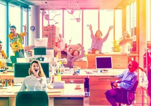 beyond light show and meditation _ Image: A transformed office space with organized desks, happy employees, and a vibrant atmosphere, showcasing a successful resolution of the stress problem.Image description: The office space has undergone a positive transformation. Desks are organized, employees are smiling, and there's an overall sense of well-being and productivity.