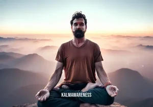 rick meditating _ Image: A serene mountain top during sunrise. Rick is shown sitting confidently in a full lotus position, overlooking the breathtaking view. His expression is serene, and there's a sense of accomplishment in his posture.Image description: Atop a serene mountain during the mesmerizing sunrise, Rick sits in a full lotus position. His demeanor exudes confidence and tranquility as he gazes over the magnificent vista, a testament to his journey from chaos to inner harmony.