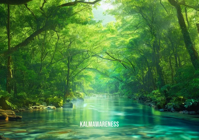 awaken by nature _ Image: The rejuvenated river teeming with life, as clear waters flow beneath a lush canopy of trees, offering a picturesque scene of natural harmony.Image description: Time passes, and the once-polluted river now flows crystal clear beneath a vibrant canopy of trees. Nature thrives, and a variety of wildlife has returned to the area, showcasing the remarkable transformation brought about by the community's dedication and nature's resilience.