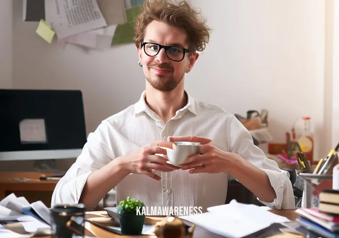 bellamindful mindfulness _ Image: A person at their now organized and clutter-free desk, with a content expression while sipping tea and working peacefully.Image description: A person sits at their now organized and clutter-free desk, wearing a content expression, sipping tea, and working peacefully with a clear mind.