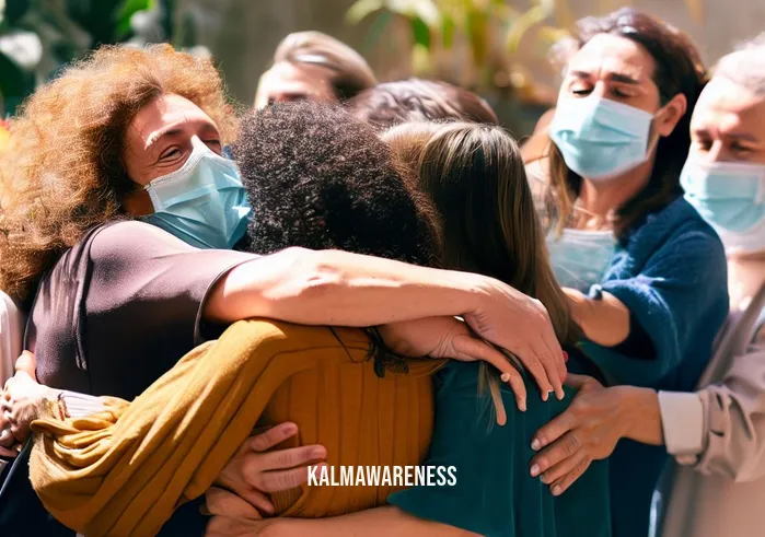 beyond breath online _ Image: A joyful gathering of people, unmasked and hugging, celebrating their renewed sense of connection and well-being.Image description: In a heartwarming moment, people embrace without masks, basking in the joy of renewed human connection and well-being.