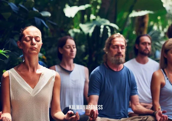 rouse yoga _ Image: Group meditation in a lush outdoor setting, people sitting peacefully with closed eyes, displaying a sense of inner calm and unity.Image description: The journey concludes in a lush outdoor setting, where participants engage in a serene group meditation. Eyes closed, they radiate inner peace and unity, embodying the transformative power of yoga.