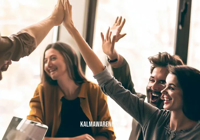 aandacht _ Image: A group of smiling coworkers celebrating their successful projects with a high-five. Image description: A jubilant team reveling in their newfound ability to maintain attention and achieve success.
