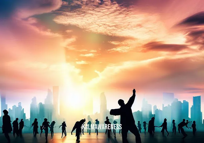 shifting meditation _ Image: A vibrant city skyline at sunset, with silhouettes of people practicing Tai Chi in the foreground, demonstrating a sense of calmness and balance.Image description: As the sun sets over the city, the final image portrays a transformed cityscape. People practice Tai Chi amidst the urban backdrop, their movements slow and deliberate, embodying a newfound sense of calmness and balance. The shifting meditation journey has led from chaos to inner peace, transcending the environment around them.