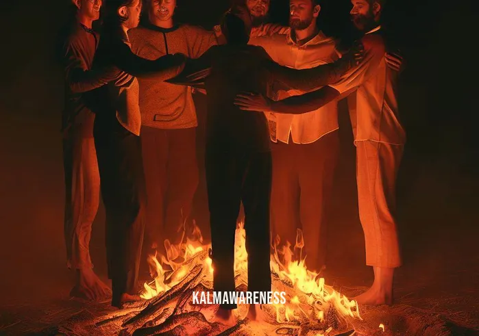 sit around the fire meditation _ Image: The final image depicts the same group, now standing and embracing one another by the extinguished fire. Their smiles are genuine, and a sense of togetherness and renewal emanates from their gestures.Image description: The circle dissolves as the group rises, embracing one another by the cooling embers. Their smiles hold a newfound warmth, a testament to the bonds forged through meditation. The fire's glow may have faded, but its transformative effect lingers in their hearts.