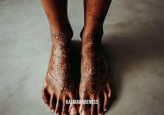 soles of the feet meditation _ Image: A final image featuring the person's feet, now moisturized and cared for, adorned with henna patterns. The person stands confidently, radiating a sense of grounding and inner peace.Image description: The camera captures the feet from an elevated angle, showcasing the intricate henna designs that symbolize transformation and mindfulness. The person's stance reflects a newfound sense of balance and harmony within themselves.