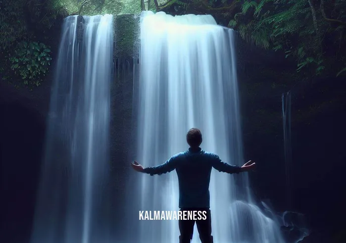 spiritual grounding meditation _ Image: The person, now standing near a serene waterfall with their arms outstretched, appears revitalized. Their posture exudes confidence and calmness, as if they've embraced a newfound spiritual grounding.Image description: Having journeyed from a cluttered mind to a place of inner balance, the person stands at the base of the waterfall. The cascading water symbolizes the flow of newfound clarity and connection that spiritual grounding meditation has brought into their life.
