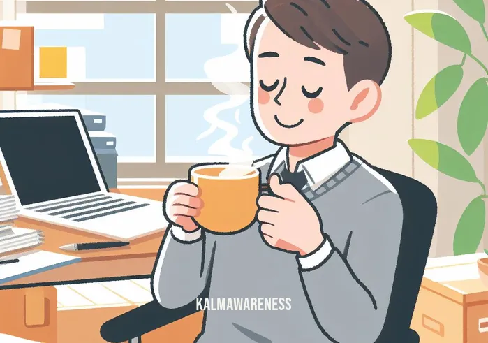 headspace vs balance _ Image: A content individual, now in a tidy workspace, enjoying a cup of tea with a smile on their face. Image description: Achieving a harmonious balance between work and relaxation.