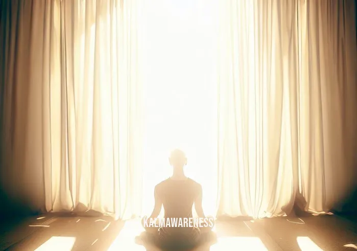 swduring meditation _ Image: The room is bathed in bright sunlight, curtains fully drawn apart. The space is now an oasis of calm and minimalism. The person meditates peacefully on the yoga mat, surrounded by a sense of clarity and mindfulness.Image description: The room is flooded with sunlight as the curtains are pulled aside, revealing an environment of calm minimalism. The person meditates gracefully on the yoga mat, embodying a state of deep peace and mindfulness amidst the once chaotic surroundings.