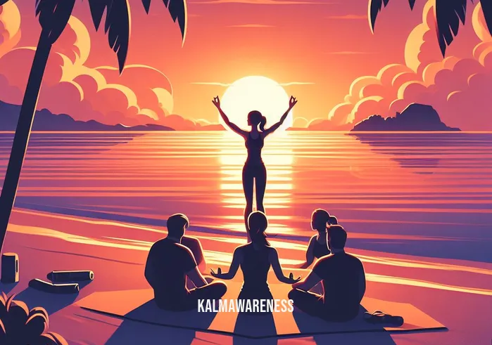 envy illustration _ Image: A serene beach at sunset. Image description: The same person from the gym, now content and relaxed, successfully achieving their fitness goals, joining friends for a sunset yoga session.