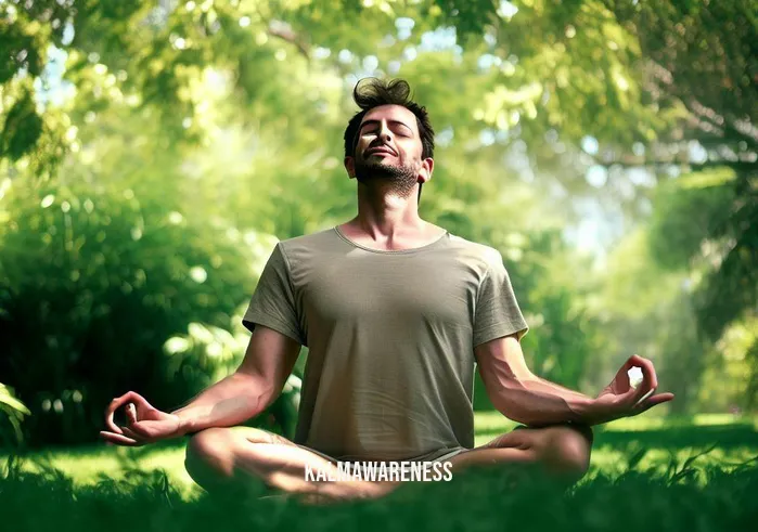 the mindful man _ Image: The man practicing yoga in a lush green park, holding a pose with a relaxed and composed expression on his face.Image description: Beneath the open sky, the mindful man engages in a yoga session amidst vibrant greenery. His body forms a graceful arc as he holds a yoga pose. His closed eyes and tranquil smile reflect his deep connection with the present moment, a testament to his journey towards mindfulness.