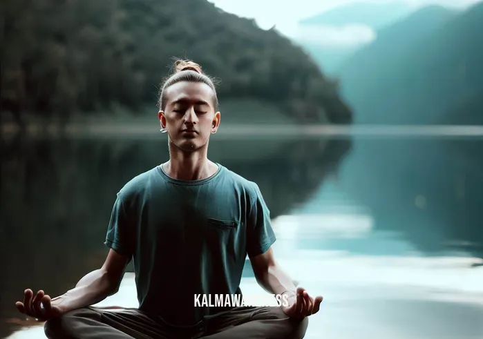 wisemindbody meditation _ Image: A person practicing meditation by a serene lakeside, with a focused yet calm expression, surrounded by nature's beauty.Image description: Beside the calm embrace of a serene lakeside, the person engages in meditation, their demeanor radiating tranquility, a testament to the harmonious union of wisdom and body.