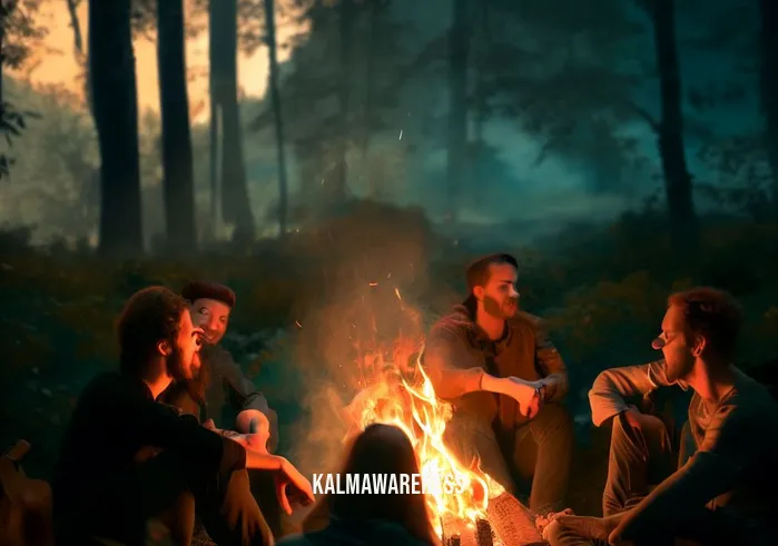 is nature made calm and relax safe _ Image: A cozy campfire by a pristine forest, where friends share stories and laughter. Image description: Finally, friends find tranquility in nature, sharing stories by a campfire, where the worries of the world melt away.