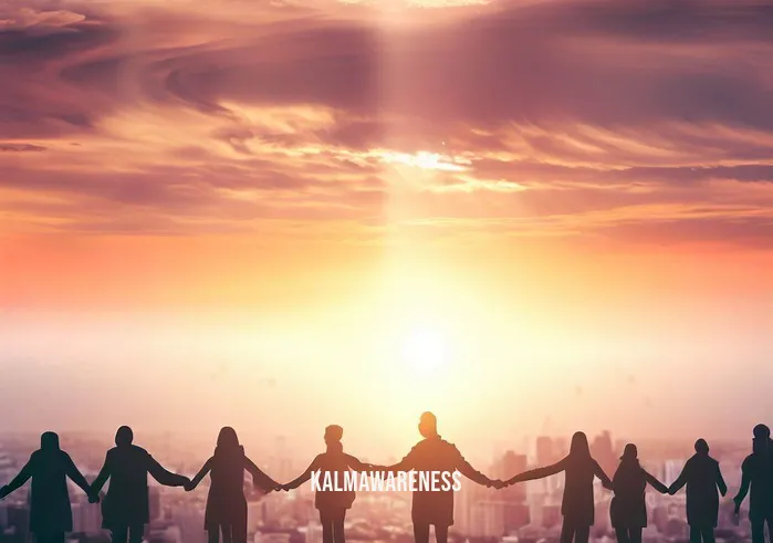 the healing force _ Image: A beautiful sunset over the city skyline, with people gathered on a rooftop, holding hands in a circle. There are expressions of contentment and hope as they look towards the horizon.Image description: As the sun sets on the cityscape, a group of people assembles on a rooftop, forming a circle. Holding hands, they gaze at the horizon with expressions of tranquility and optimism. The scene encapsulates the healing journey from individual stress to collective well-being, culminating in a shared sense of connection and newfound hope.