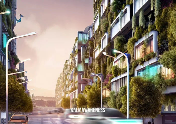 calling energy back _ Image: [A futuristic image of the same urban street, now transformed. The buildings have vertical gardens with integrated solar panels, and electric vehicles pass silently. The streetlights automatically adjust their intensity based on natural light.]Image description: A futuristic urban street transformed by sustainable practices. Vertical gardens adorn the buildings, showcasing harmony with nature. Integrated solar panels provide power, and electric vehicles glide silently. Intelligent streetlights adjust their brightness according to natural light levels.