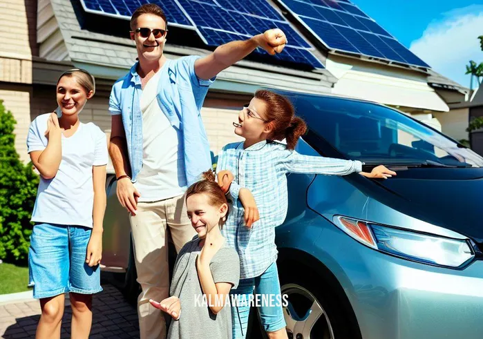 cord cutting energy _ Image: Happy family outside their energy-efficient home, surrounded by solar panels and electric car. Image description: The family stands proudly outside their energy-efficient home, which is equipped with solar panels on the roof. An electric car is parked in the driveway. They smile, pointing towards a monitor displaying their energy savings.