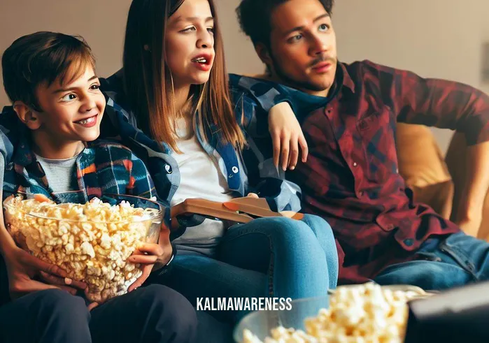 cord cutting mantra _ Image: Family and friends gathered around the TV, watching a movie together, with bowls of popcorn on their laps.Image description: Shared enjoyment as they bond over quality content, experiencing the benefits of cord cutting and a more flexible viewing experience.