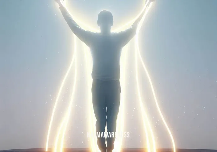 cutting cords meditation _ Image: The person, now with a content and peaceful expression, stands upright with arms outstretched as the glowing cords rise from their back and disappear into a clear sky.Image description: The final image portrays the individual standing tall with a serene and content expression. Glowing cords emerge from their back, rising upwards and merging into the clear sky. This powerful visual illustrates the resolution achieved through cutting cords meditation, where inner peace and emotional liberation lead to a sense of lightness and freedom.