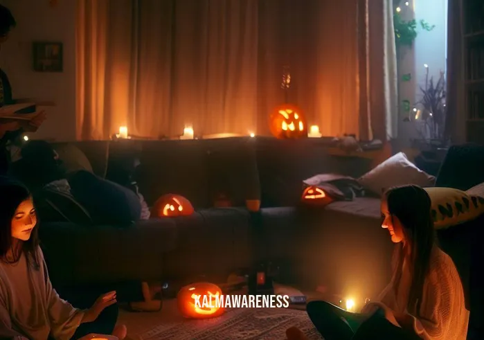 halloween mindfulness activities _ Image: The same living room, now neatly organized with a cozy ambiance. People are sitting comfortably, sipping herbal tea, and engaging in a mindful conversation. Jack-o'-lanterns emit a soft glow, and a feeling of contentment fills the air.Image description: Transformed from chaos to calm, the living room exudes a warm and inviting atmosphere. Friends gather on cushions, sharing stories and sipping tea mindfully. The flickering candlelight dances on their faces, reflecting the harmony they've cultivated.