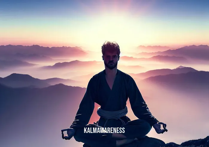 ninjitsu meditation _ Image: The person, now confident and composed, meditating on a mountaintop during sunrise, with a confident posture and an aura of tranquility.Image description: Atop a majestic mountaintop during sunrise, the person meditates with a confident and composed posture. The aura of tranquility around them reflects their journey from frustration to mastery in ninjitsu meditation.