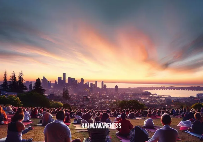 free meditation seattle _ Image A wide, breathtaking view of a sunset over the Seattle skyline, seen from a peaceful hilltop vantage point. People of all ages are spread out, meditating in various postures, absorbing the beauty of the moment and the city's transformation from day to night.Image description The final image captures the resolution of the initial stress and digital overwhelm. The collective meditation practice against the backdrop of a stunning sunset represents a newfound harmony between the bustling city life and the pursuit of inner tranquility in Seattle.