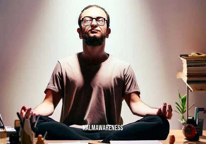 keep it simple daily meditation online _ Image: The person, with a calm and centered expression, sits amidst a neat workspace, maintaining a sense of inner peace throughout the day.Image description: Radiating a sense of calm, the person sits at their organized desk, embodying the benefits of daily online meditation in their daily life.