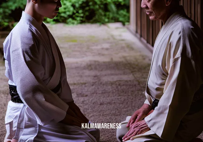 meditation in martial arts _ Image: A serene moment outside the dojo, where the student imparts the wisdom of meditation to a new learner. Both kneel in meditation poses, illustrating the continuation of this profound tradition.Image description: Outside the dojo, the once-struggling student now guides a novice in meditation. Their shared posture symbolizes the seamless transfer of knowledge and the enduring link between meditation and martial arts.