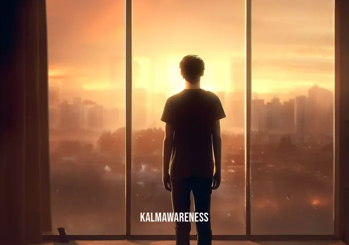 10 minute meditation music _ Image: The person is now standing by a large window in their home, looking out at the cityscape below. Their face is calm, and the chaos from the initial image seems distant. The sunset casts a warm glow.Image description: The final image depicts the person standing by a large window in their home, gazing out at the cityscape below. Their demeanor is composed and peaceful, a stark contrast to the initial scene of chaos. The sunset bathes the room in a warm, soothing light.