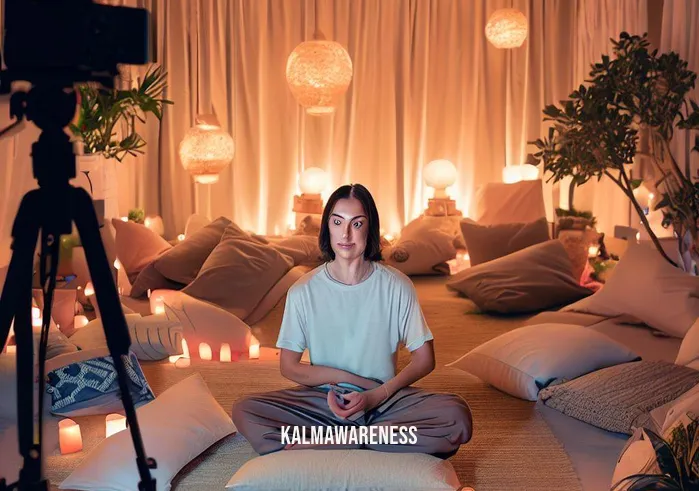 how to make meditation videos for youtube _ Image: The person sitting in a beautifully lit and organized meditation space, surrounded by calming elements like cushions, soft lighting, and soothing decorations, as they create their own meditation video setup.Image description: In the final image, the person is in an organized and inviting meditation space. The surroundings exude tranquility with carefully arranged cushions, gentle lighting, and calming decor. They are now ready to create their own meditation videos to share the journey from chaos to inner calm with the world.